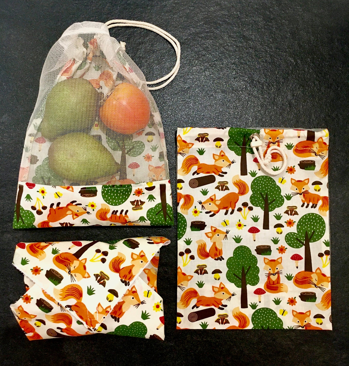 Szett (2db textil gyümölcsös zsák, 1db újra szalvéta