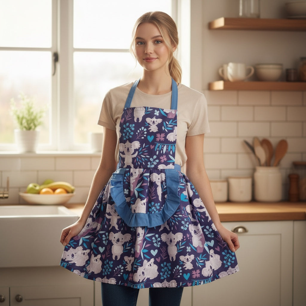 csinosan adult apron with cute koala print and blue ruffle detail worn by a woman in a bright kitchen